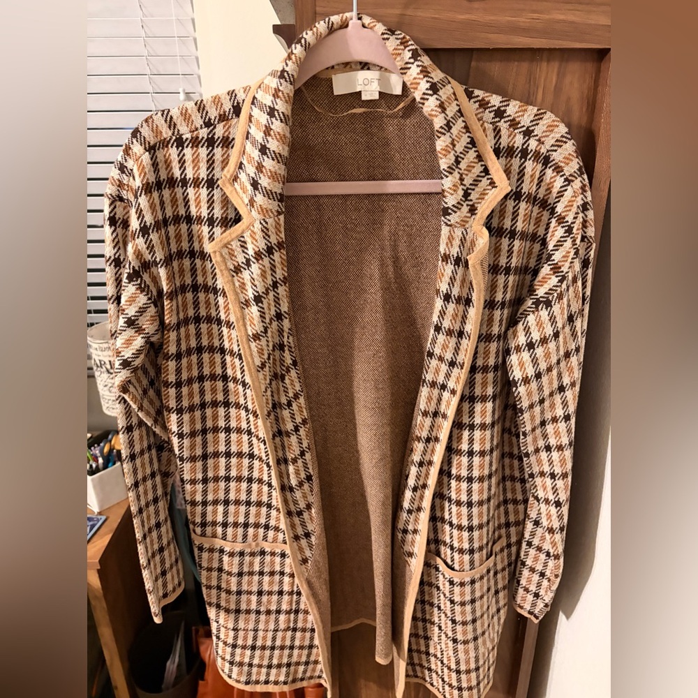 LOFT Checked Open-Front Blazer Jacket in Beige and Brown